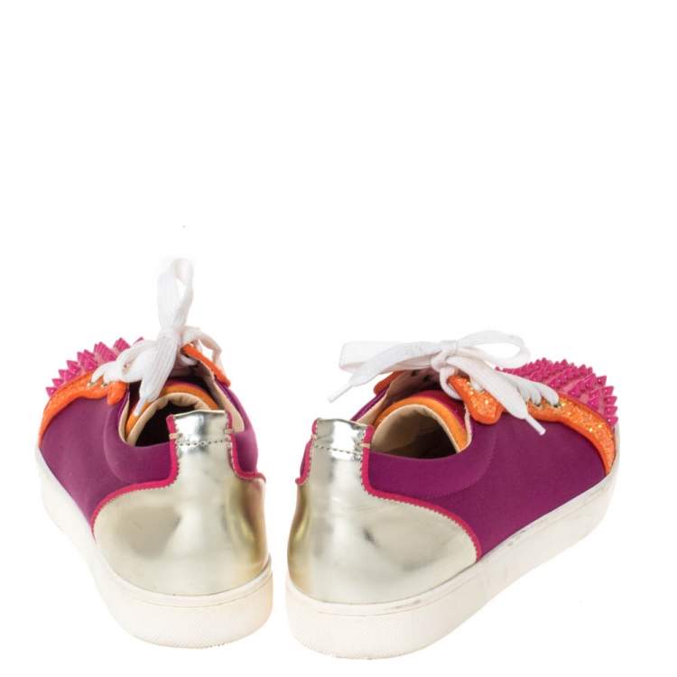 Pre Owned Christian Louboutin Multicolor Satin And Patent Leather Louis Junior Spikes Sneakers Size 39