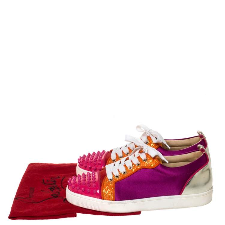 Pre Owned Christian Louboutin Multicolor Satin And Patent Leather Louis Junior Spikes Sneakers Size 39