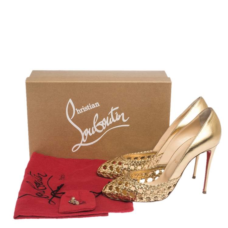 مملوكة مسبقًا Christian Louboutin Gold Woven Leather Altressita Pumps Size 39