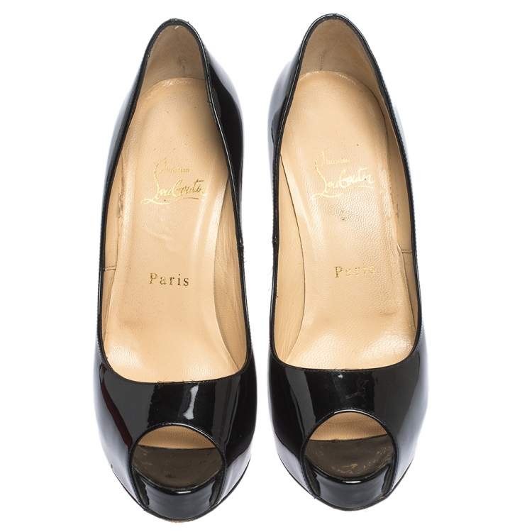 Pre Owned Christian Louboutin Black Patent Leather Very Prive Peep Toe Pumps Size 38