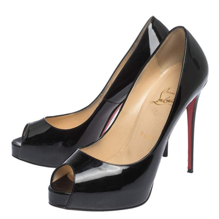 Pre Owned Christian Louboutin Black Patent Leather Very Prive Peep Toe Pumps Size 38