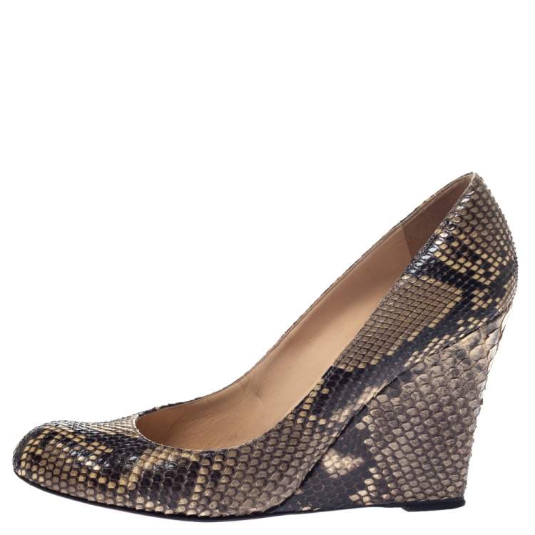 Pre Owned Christian Louboutin Beige/Brown Python Leather Ron Ron Wedge Pumps Size 40
