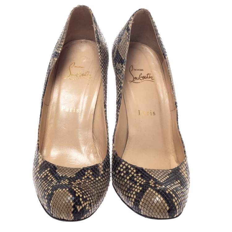 Pre Owned Christian Louboutin Beige/Brown Python Leather Ron Ron Wedge Pumps Size 40