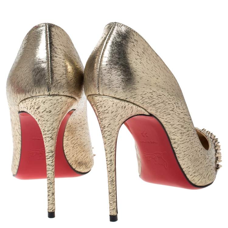 Pre Owned Christian Louboutin Gold Textured Leather Spiked Bareta Pumps Size 38