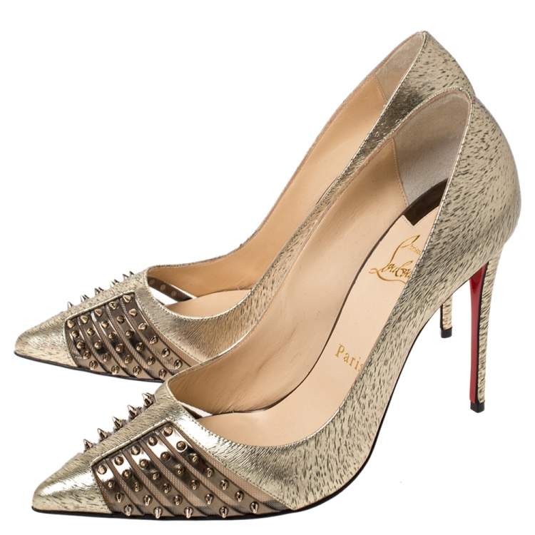 Pre Owned Christian Louboutin Gold Textured Leather Spiked Bareta Pumps Size 38