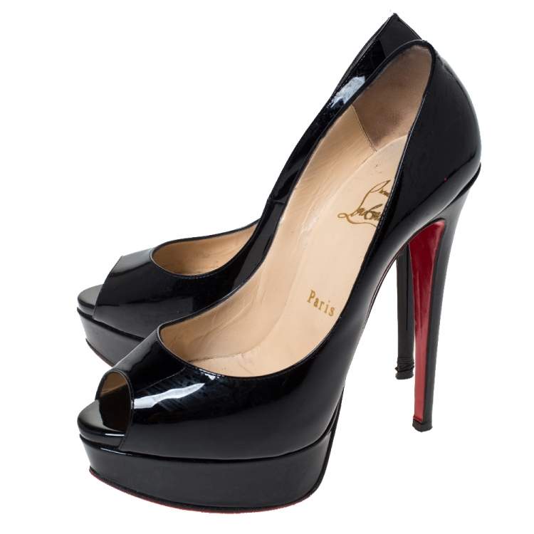 Pre Owned Christian Louboutin Black Patent Leather Lady Peep Toe Platform Pumps Size 36