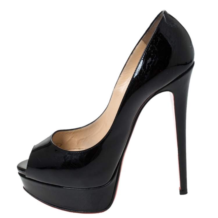Pre Owned Christian Louboutin Black Patent Leather Lady Peep Toe Platform Pumps Size 36