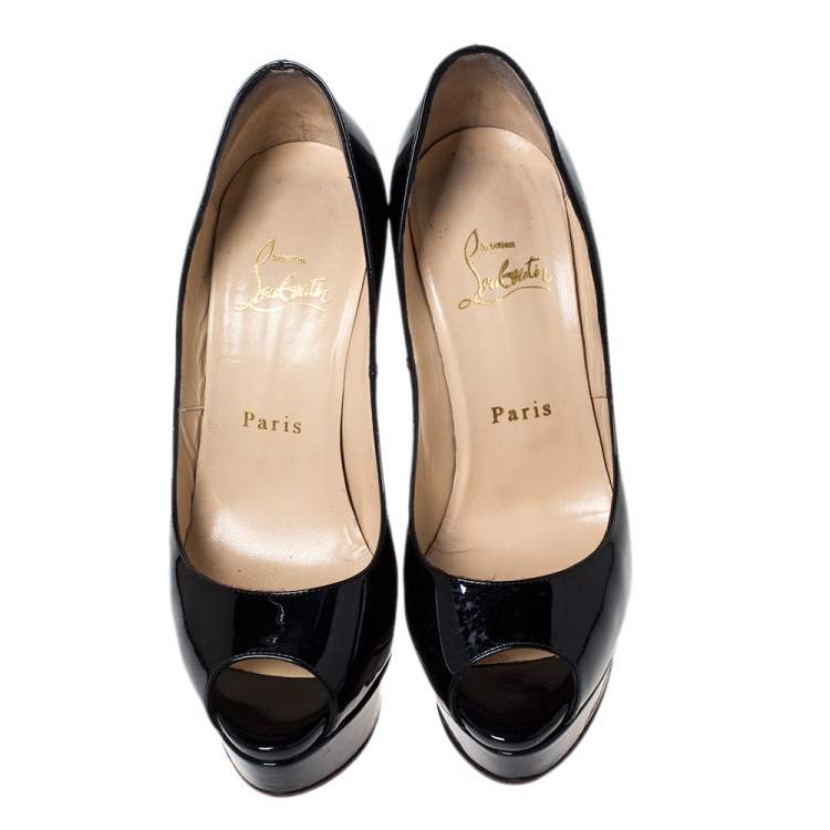 Pre Owned Christian Louboutin Black Patent Leather Lady Peep Toe Platform Pumps Size 36