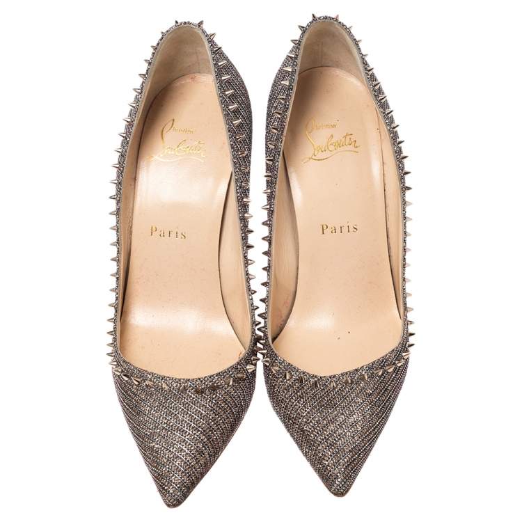 Pre Owned Christian Louboutin Silver/Brown Lame Fabric Anjalina Pointed Toe Pumps Size 37
