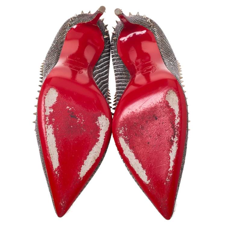 Pre Owned Christian Louboutin Silver/Brown Lame Fabric Anjalina Pointed Toe Pumps Size 37
