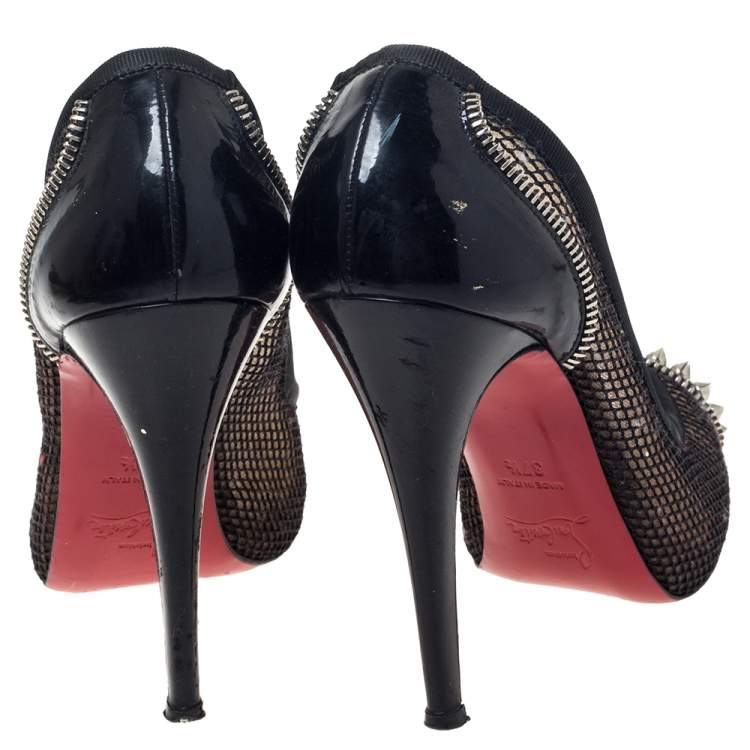 Pre Owned Christian Louboutin Black Mesh And Patent Leather Spiked Shawnita Peep Toe Pumps Size 37.5 