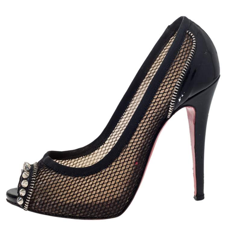 Pre Owned Christian Louboutin Black Mesh And Patent Leather Spiked Shawnita Peep Toe Pumps Size 37.5 