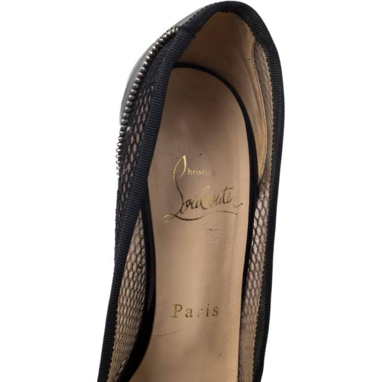 Pre Owned Christian Louboutin Black Mesh And Patent Leather Spiked Shawnita Peep Toe Pumps Size 37.5 