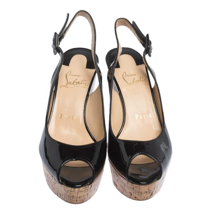 Pre Owned Christian Louboutin Black Patent Leather Une Plume Peep Toe Slingback Cork Wedges Size 36