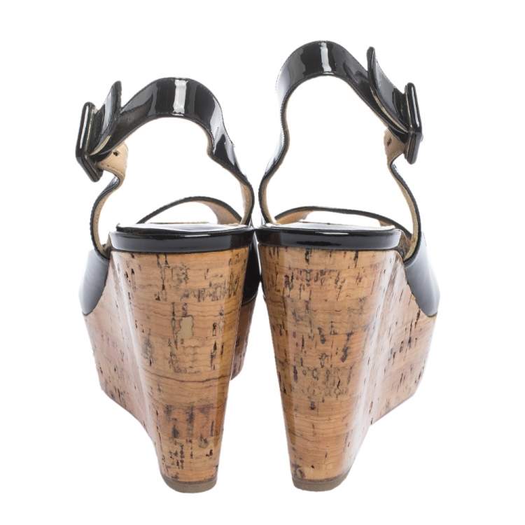 Pre Owned Christian Louboutin Black Patent Leather Une Plume Peep Toe Slingback Cork Wedges Size 36
