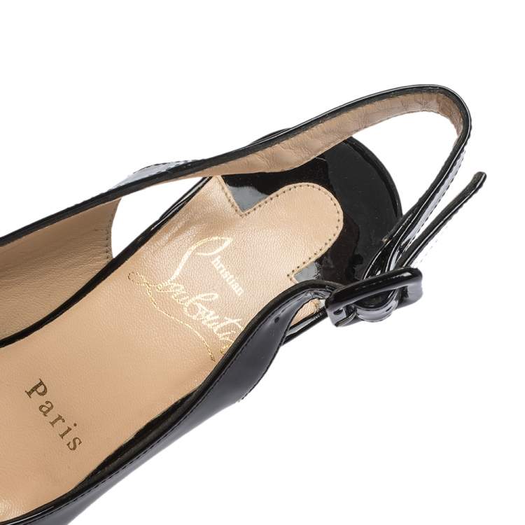 Pre Owned Christian Louboutin Black Patent Leather Une Plume Peep Toe Slingback Cork Wedges Size 36