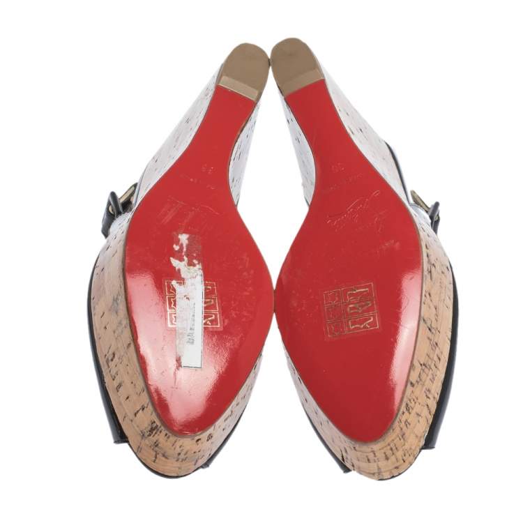 Pre Owned Christian Louboutin Black Patent Leather Une Plume Peep Toe Slingback Cork Wedges Size 36