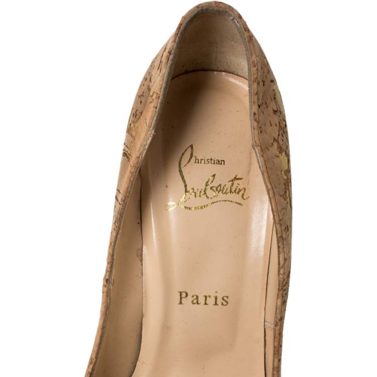 Pre Owned Christian Louboutin Beige Cork Highness Peep Toe Platform Pumps Size 38.5