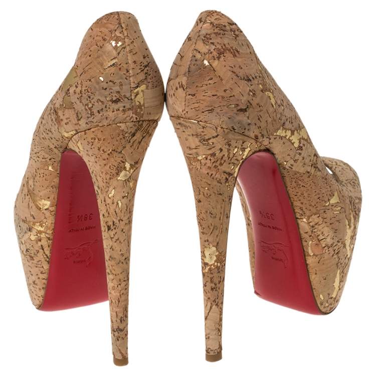Pre Owned Christian Louboutin Beige Cork Highness Peep Toe Platform Pumps Size 38.5