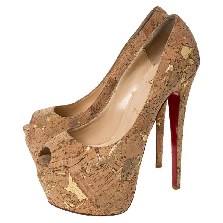 Pre Owned Christian Louboutin Beige Cork Highness Peep Toe Platform Pumps Size 38.5
