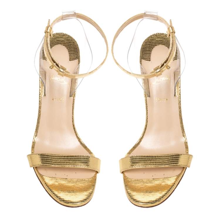 Pre Owned Christian Louboutin Gold Lizard Embossed Leather And PVC Jonatina Sandals Size 37.5
