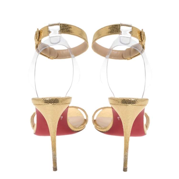 Pre Owned Christian Louboutin Gold Lizard Embossed Leather And PVC Jonatina Sandals Size 37.5
