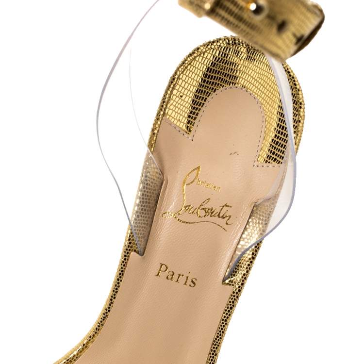 Pre Owned Christian Louboutin Gold Lizard Embossed Leather And PVC Jonatina Sandals Size 37.5