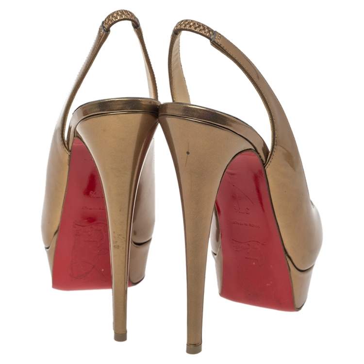 Pre Owned Christian Louboutin Metallic Bronze Leather Lady Peep Toe Platform Slingback Sandals Size 37.5