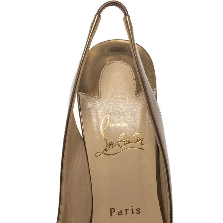 Pre Owned Christian Louboutin Metallic Bronze Leather Lady Peep Toe Platform Slingback Sandals Size 37.5