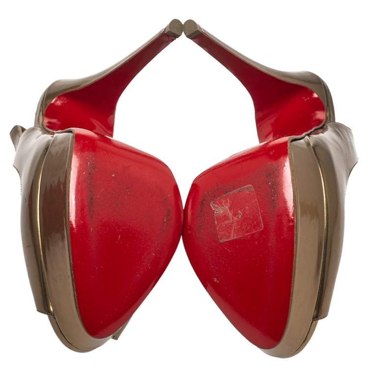 Pre Owned Christian Louboutin Metallic Bronze Leather Lady Peep Toe Platform Slingback Sandals Size 37.5