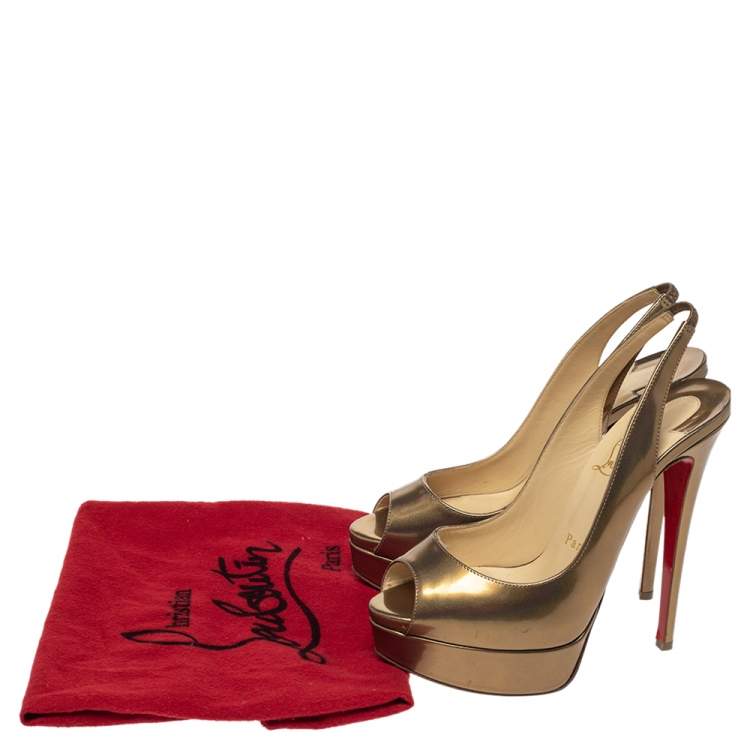 Pre Owned Christian Louboutin Metallic Bronze Leather Lady Peep Toe Platform Slingback Sandals Size 37.5