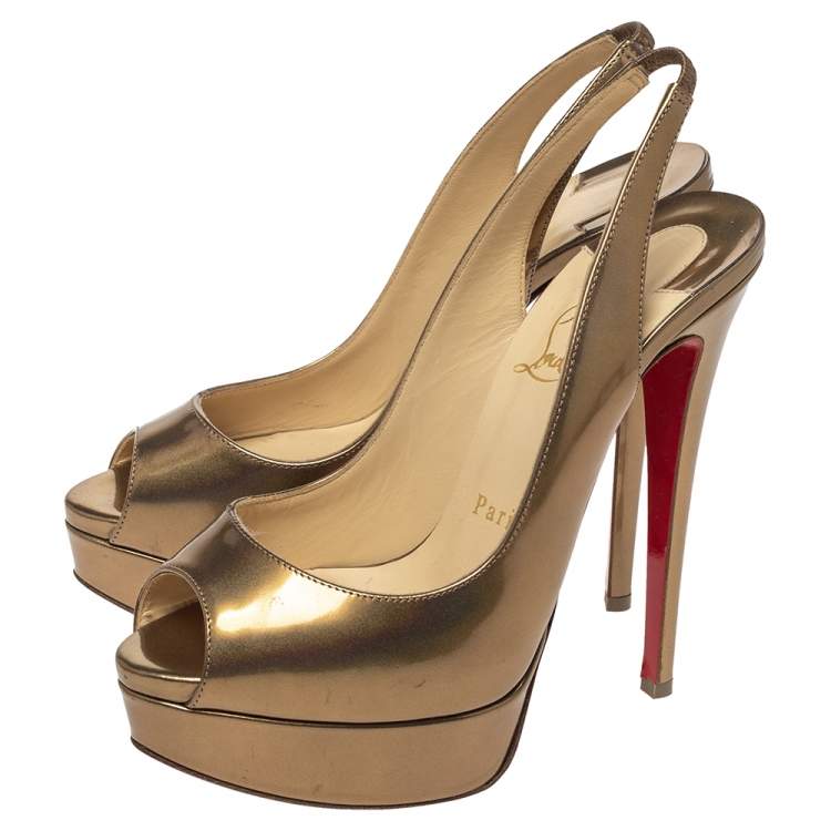 Pre Owned Christian Louboutin Metallic Bronze Leather Lady Peep Toe Platform Slingback Sandals Size 37.5