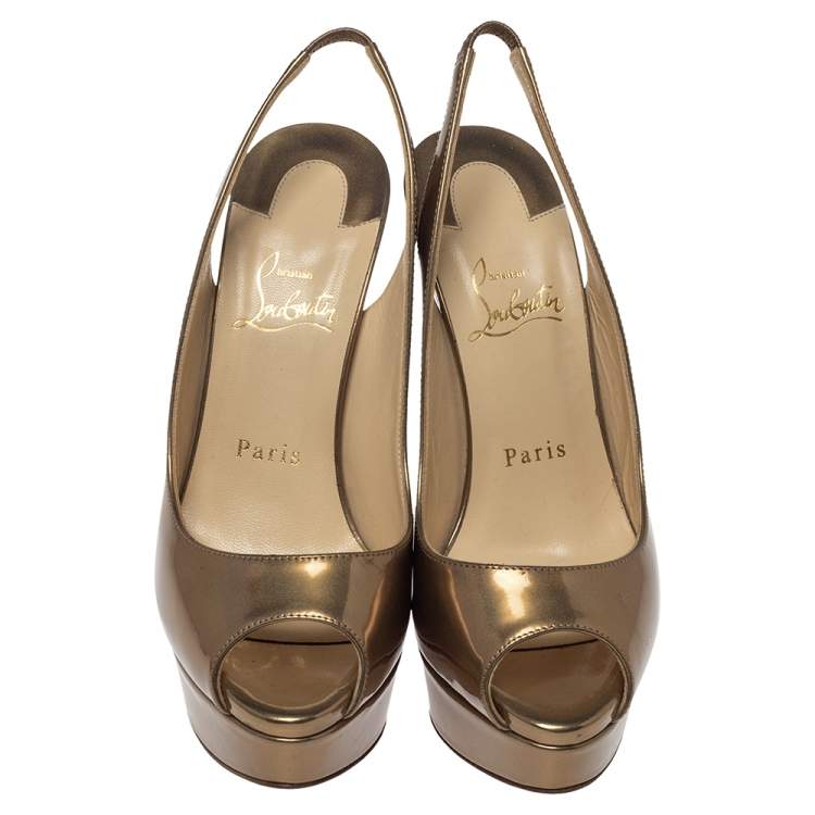 Pre Owned Christian Louboutin Metallic Bronze Leather Lady Peep Toe Platform Slingback Sandals Size 37.5