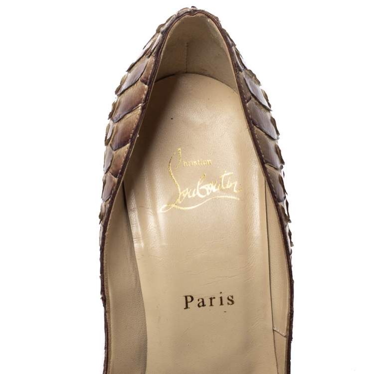 Pre Owned Christian Louboutin Brown Python Lady Peep Toe Platform Pumps Size 39.5