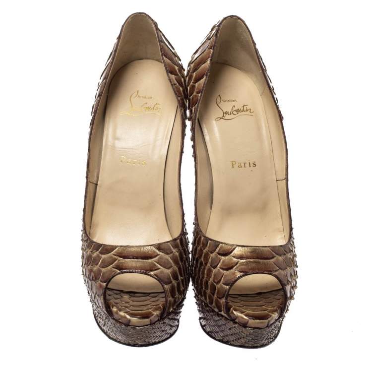 Pre Owned Christian Louboutin Brown Python Lady Peep Toe Platform Pumps Size 39.5
