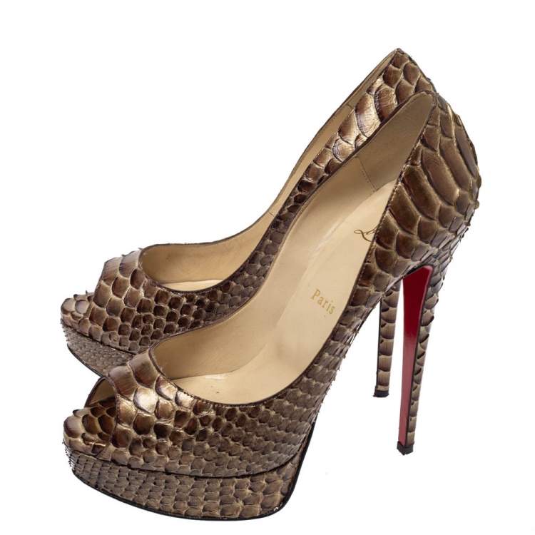 Pre Owned Christian Louboutin Brown Python Lady Peep Toe Platform Pumps Size 39.5