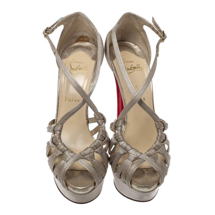 Pre Owned Christian Louboutin Beige Satin Knotted Strappy Platform Ankle Strap Sandals Size 39