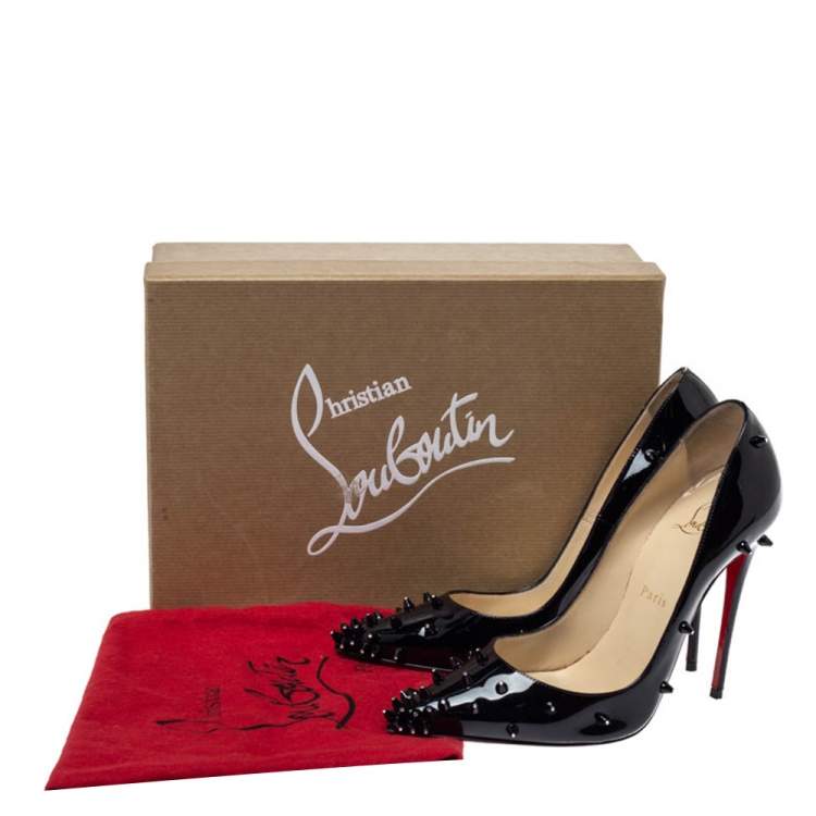 Pre Owned Christian Louboutin Black Patent Leather Diamond Spike Pumps Size 37.5