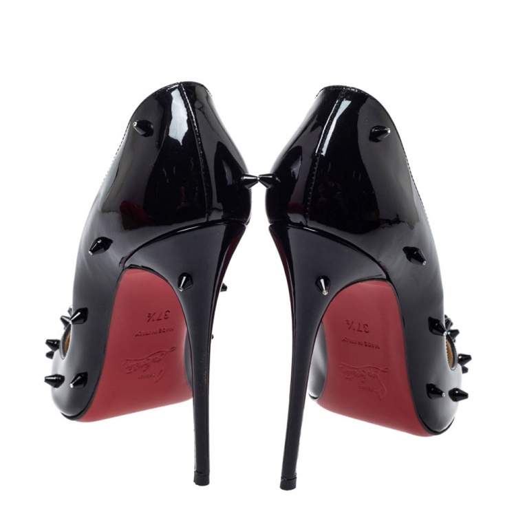 Pre Owned Christian Louboutin Black Patent Leather Diamond Spike Pumps Size 37.5