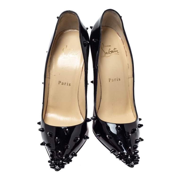 Pre Owned Christian Louboutin Black Patent Leather Diamond Spike Pumps Size 37.5
