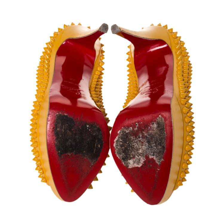 Pre Owned Christian Louboutin Yellow Leather Spikes Lady Peep Platform Pumps Size 38
