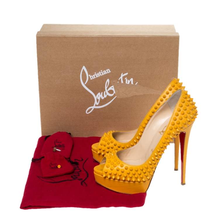 Pre Owned Christian Louboutin Yellow Leather Spikes Lady Peep Platform Pumps Size 38