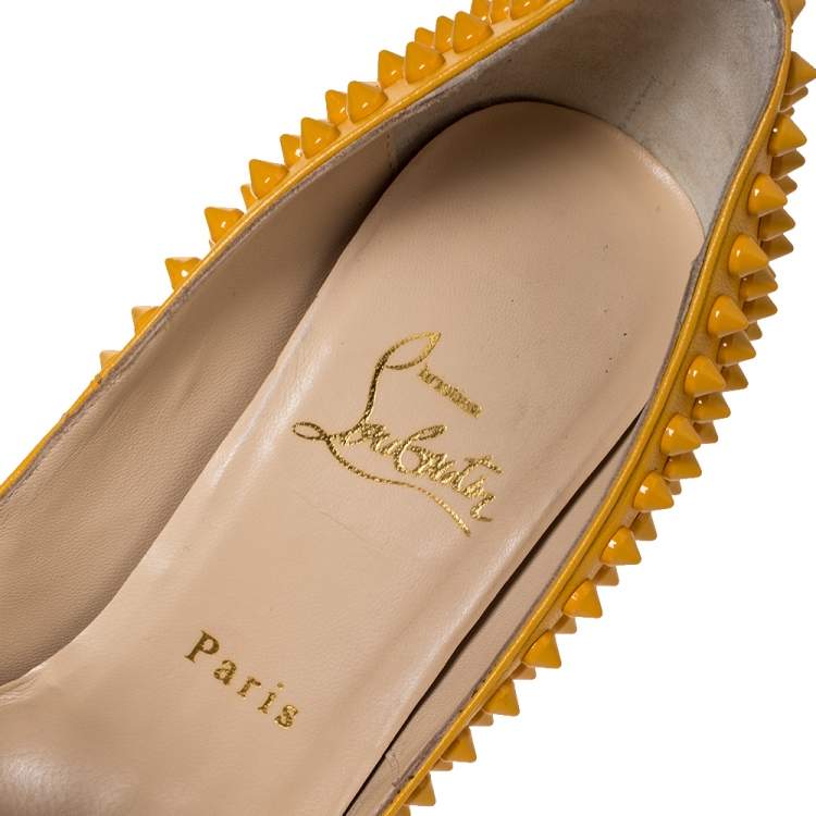 Pre Owned Christian Louboutin Yellow Leather Spikes Lady Peep Platform Pumps Size 38