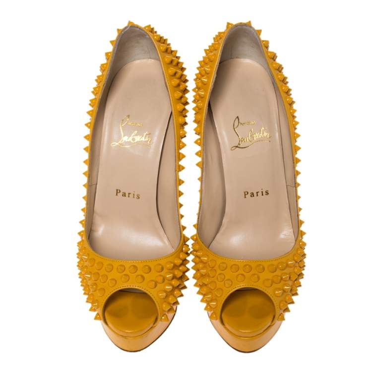 Pre Owned Christian Louboutin Yellow Leather Spikes Lady Peep Platform Pumps Size 38