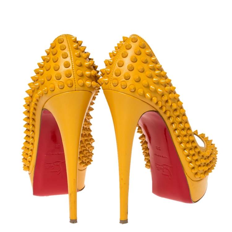 Pre Owned Christian Louboutin Yellow Leather Spikes Lady Peep Platform Pumps Size 38