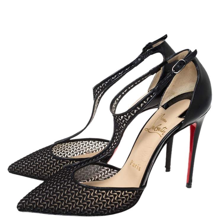 Pre Owned Christian Louboutin Black Lace T-Strap Salonu Pumps Size 36.5