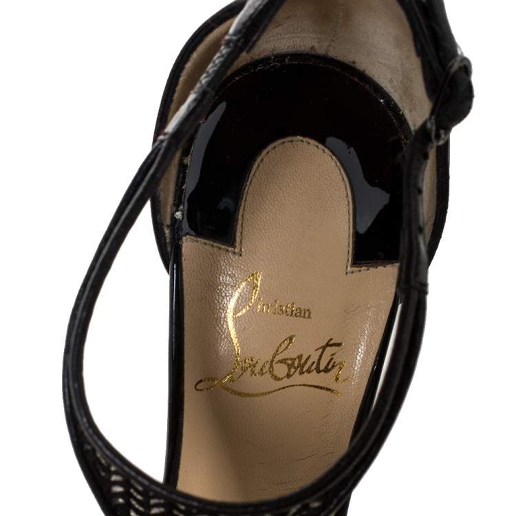 Pre Owned Christian Louboutin Black Lace T-Strap Salonu Pumps Size 36.5
