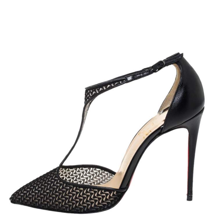 Pre Owned Christian Louboutin Black Lace T-Strap Salonu Pumps Size 36.5