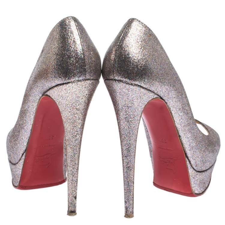 Pre Owned Christian Louboutin Multicolor Glitter Lady Peep Toe Platform Pumps Size 38.5