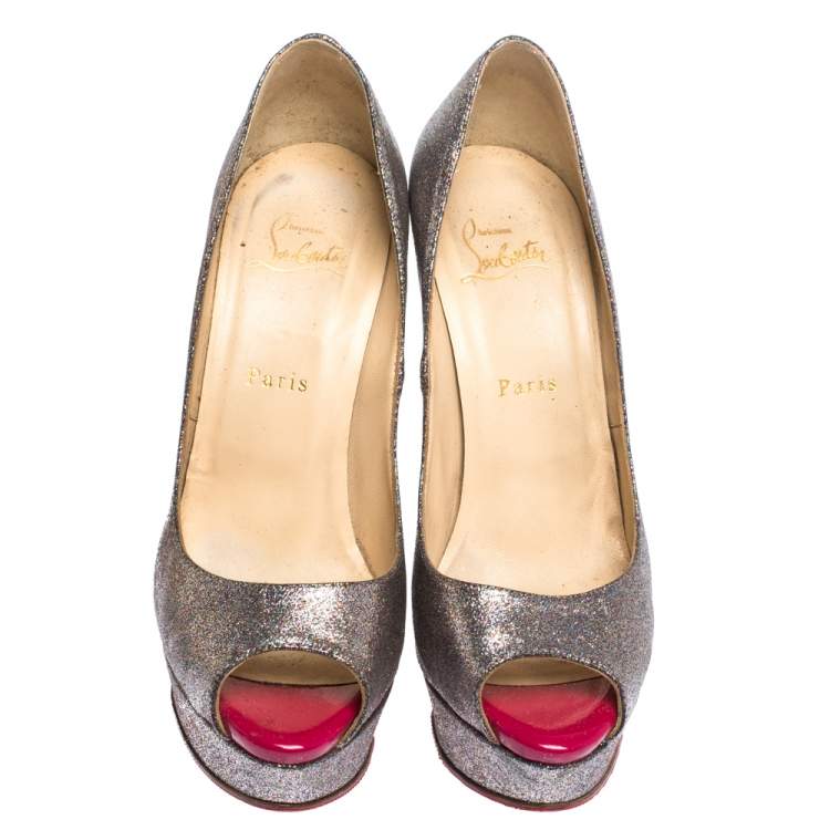 Pre Owned Christian Louboutin Multicolor Glitter Lady Peep Toe Platform Pumps Size 38.5